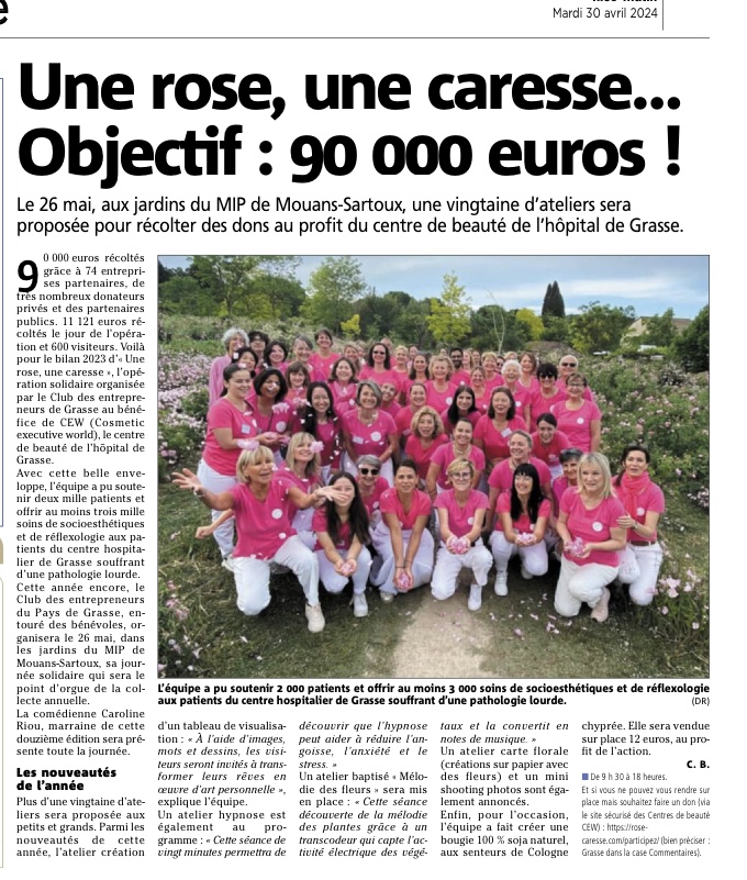 Article dans Nice Matin pour la journée de récolte de dons de mai 2024 de une Rose une Caresse